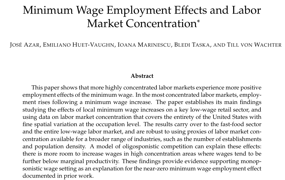 "New research on job loss (or not) from minimum wage policy and how it varies with labor market concentration."

From <a href="/joseazar/">José Azar</a>, <a href="/EmilianoHuetV/">Emiliano Huet-Vaughn</a>, <a href="/mioana/">Ioana Marinescu</a> &amp; <a href="/Bledi_Taska/">Bledi Taska</a>:

restud.com/1511-2/