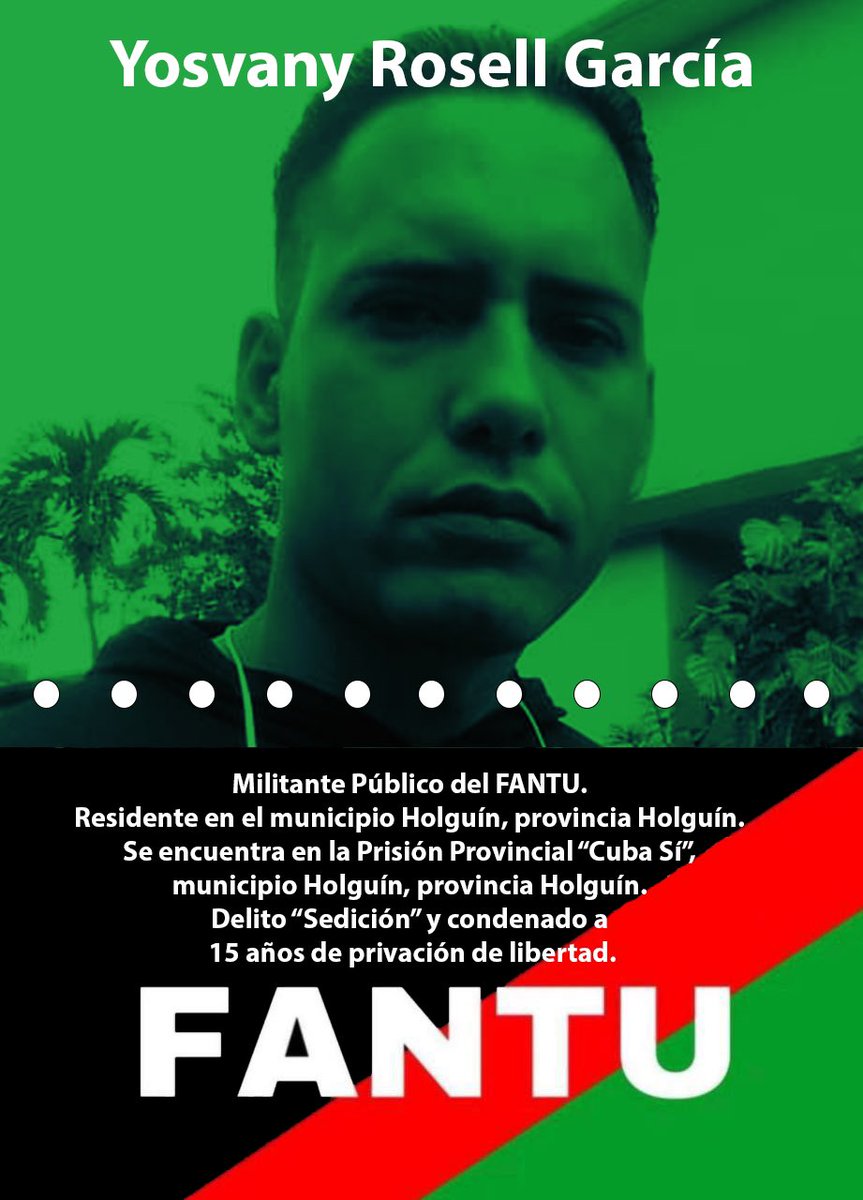 fantuporcuba's tweet photo. ⚫️🔴🟢 #FANTU
 
🔊 DENUNCIA ‼️
#YosvanyRosellGarcia 

El #PrisioneroPolitico y militante del FANTU Yosvany Rosell Garcia Caso aún no ha recibido los medicamentos para tratar sus problemas de gastritis crónica y dolores estomacales agudos, ni los suplementos vitamínicos que su esposa, la activista por los DDHH y parte del Movimiento Cuba de Luto @cubadeluto Mailin Sánchez @mailinsanchez10 le llevó al protestante pacífico del #11J en su última visita familiar al penal Cuba Si el pasado 25 de Agosto.

🗣️La Sra. Sanchez, madre de tres niños, se dirigió a la Fiscalía Provincial de Holguin @FGR_Cuba a denunciar y exigir que le entreguen los medicamentos a su esposo que está sufriendo un franco deterioro que la dirección del penal; con su pésima alimentación, inexistente cuidado de salud e inhumano proceder ayudan a empeorar.  

🫵🏻Una vez más la esposa del #PresoDeCastro ha sido desoída por el PCC @PartidoPCC el corrupto Sistema Judicial en #Cuba y la Policía Política quienes como todos saben, trabajan unificados como verdugos de la población cubana en general y con más ensañamiento sobre los que abiertamente se oponen al régimen totalitario que han impuesto por la fuerza en la isla. 
Sin embargo; les aseguramos que no habrá posibilidad de que nos detengamos exponiendo y dando a conocer al mundo todos sus desmanes e injusticias. 

@UNHumanRights 
@Europarl_EN 
@RobertaMetsola 
@UN
@PrisonersDFNdrs 
@observacuba 
@USEmbCuba