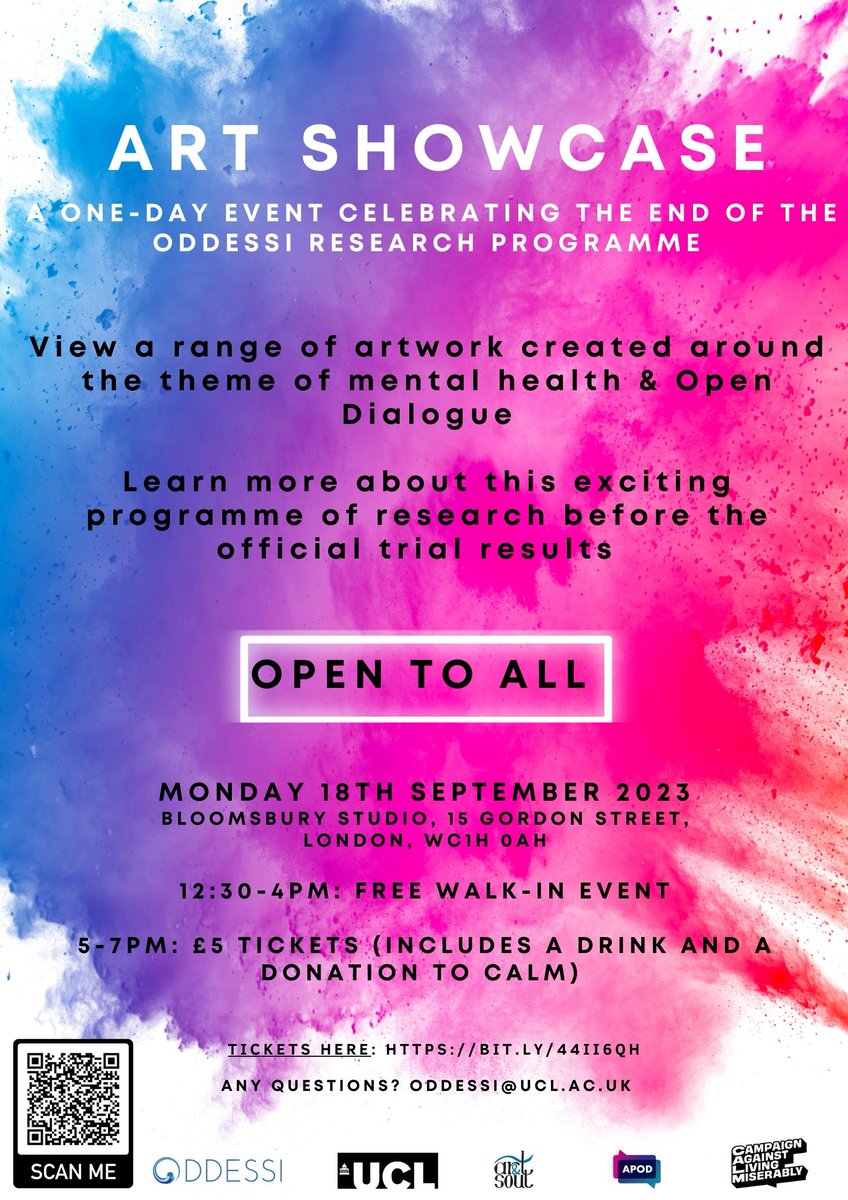 Research at KMPT (@kmpt_research) on Twitter photo 🎨The <a href="/ODDESSI_UCL/">ODDESSI UCL</a> Mental Health Art Showcase is on 18th September. View a range of artists' work, ask about ODDESSI research, and have your say on how we share results.
Free drop-in 12.30-4pm, tickets for 5 & 6pm here: bit.ly/44II6qh 🎨The <a href="/ODDESSI_UCL/">ODDESSI UCL</a> Mental Health Art Showcase is on 18th September. View a range of artists' work, ask about ODDESSI research, and have your say on how we share results.
Free drop-in 12.30-4pm, tickets for 5 & 6pm here: bit.ly/44II6qh