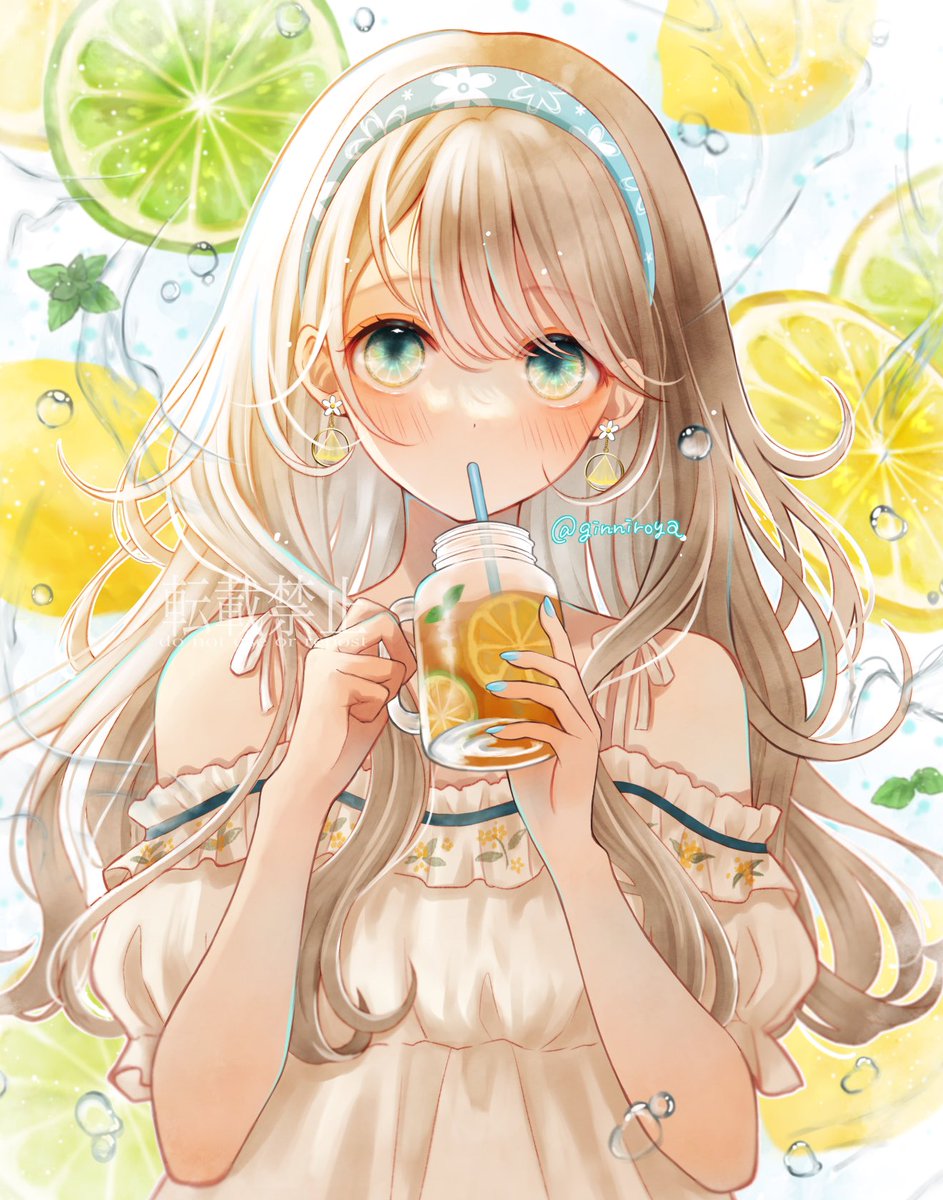 1girl solo lemon cup earrings jewelry dress  illustration images