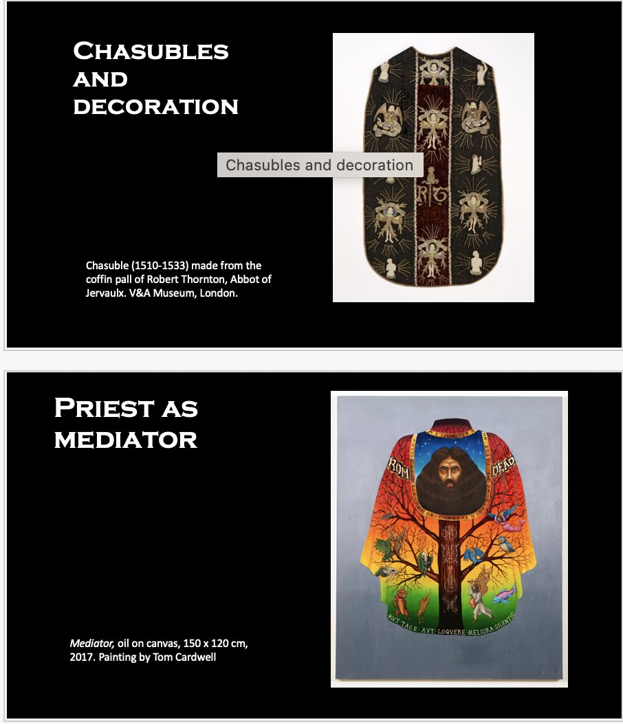 Talking about links between battle vests and chasubles at the @czech_metal_studies 'Metal and Transgression' conference this morning in Brno.

Top: chasuble from the V&amp;A collection 1510. 
Bottom: my painting 'Mediator' from 2017 

#metalandreligion
#chasuble
#battlevest