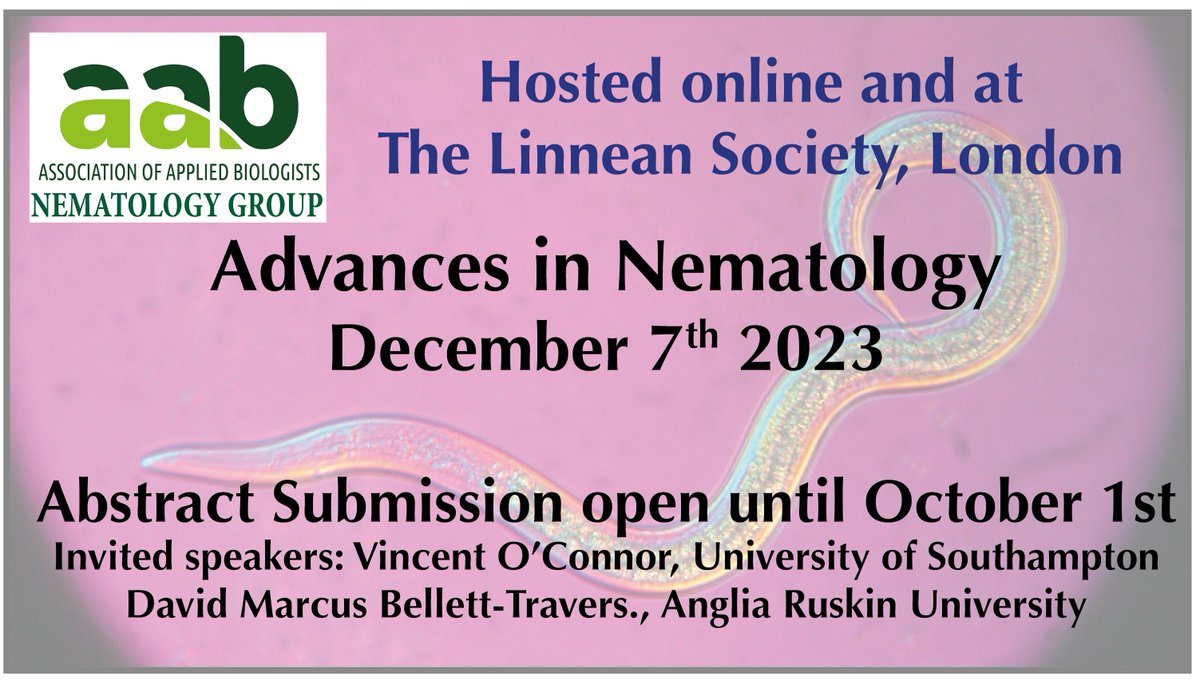 AAB @aabiologists.bsky.social (@aabiologists) on Twitter photo For Nematology fans <a href="/aab_nematology/">AAB Nematology Group</a> is organising 'Advances in Nematology'
December 7th <a href="/LinneanSociety/">The Linnean Society of London</a> in central London
Abstract Submission deadline is October 1st
🕸️cvent.me/QKqMzn For Nematology fans <a href="/aab_nematology/">AAB Nematology Group</a> is organising 'Advances in Nematology'
December 7th <a href="/LinneanSociety/">The Linnean Society of London</a> in central London
Abstract Submission deadline is October 1st
🕸️cvent.me/QKqMzn