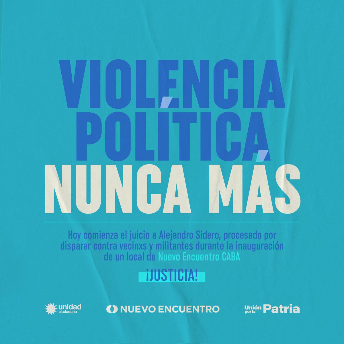 NuevoEncuentro_'s tweet photo. VIOLENCIA POLÍTICA #NUNCAMÁS.

Hoy comienza el juicio a Alejandro Sidero, procesado por disparar contra vecinxs y militantes en marzo de 2016 durante la inauguración de un local de @Encuentro_CABA, en el barrio de Villa Crespo.

#Justicia https://t.co/8n8u4Aw2Rl