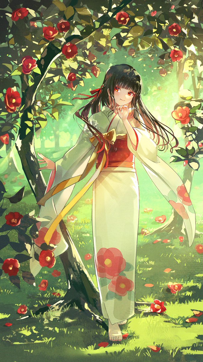 1girl japanese clothes kimono solo long hair sash red flower  illustration images