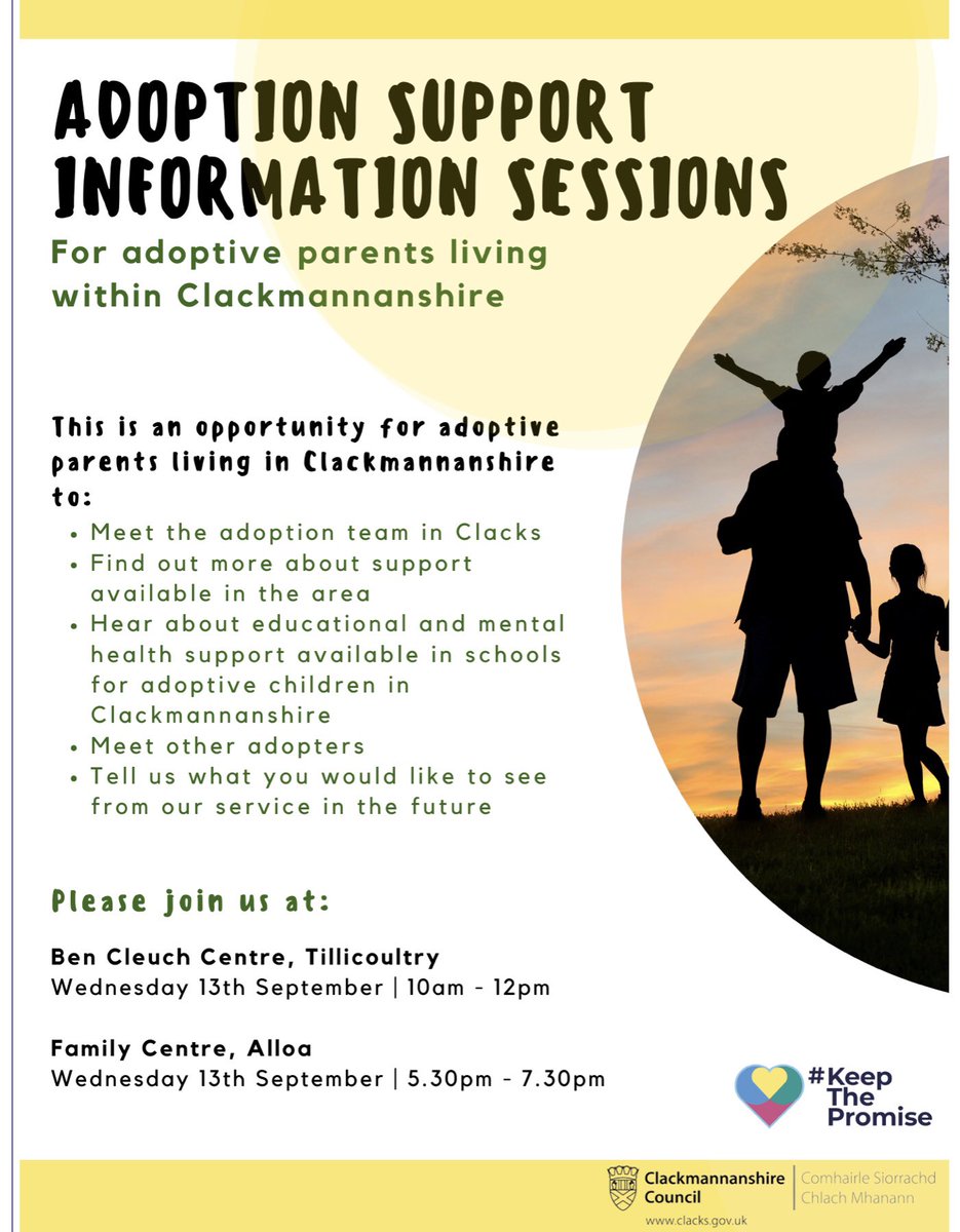 ClacksEducation's tweet photo. ❗️📣Calling all adoptive parents living in Clackmannanshire.

You are warmly invited to come along to one of our adoption support information sessions.

See Details below ⬇️ https://t.co/xGtammHg9p