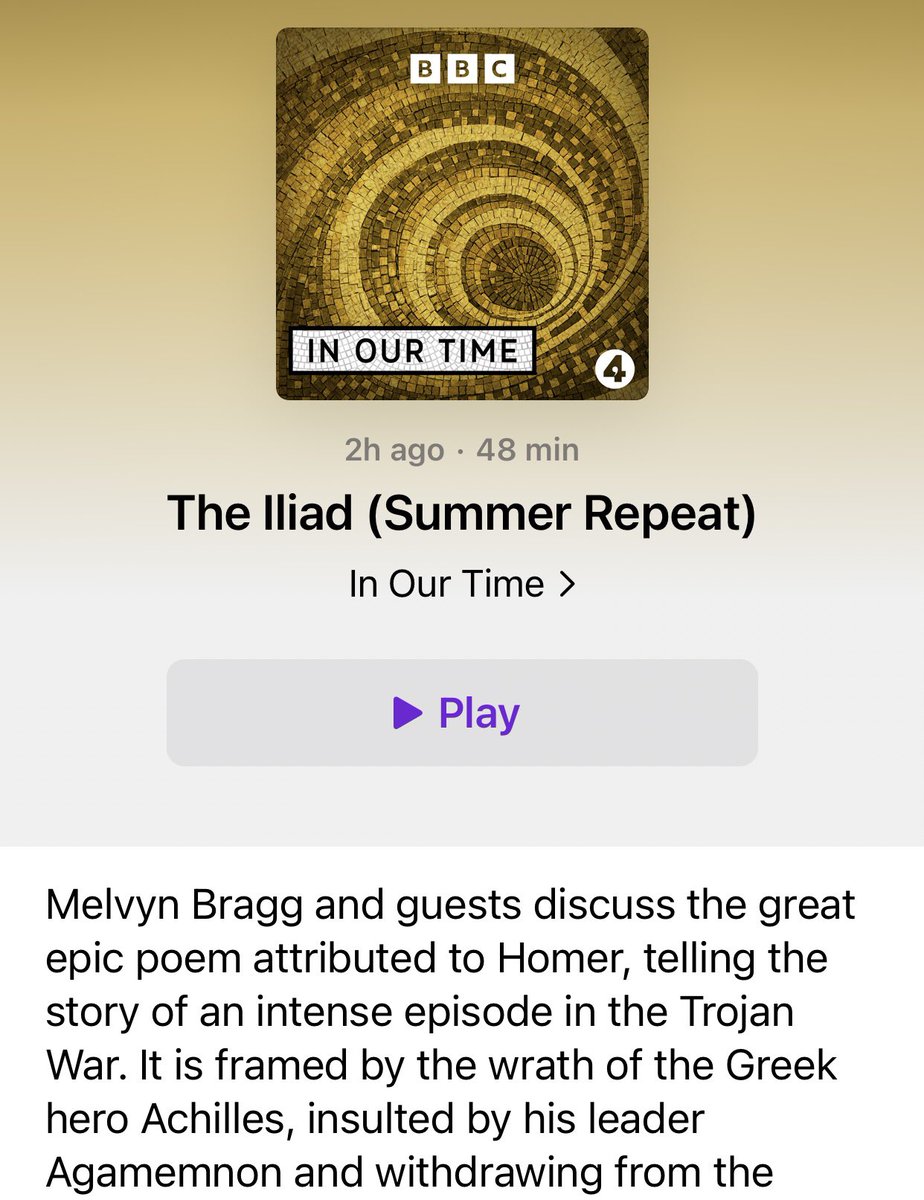 Ooh! Summer repeat of #InOurTime on Homer’s Iliad… just in time to prepare us for @EmilyRCWilson’s imminent new translation! 🥰👍❤️