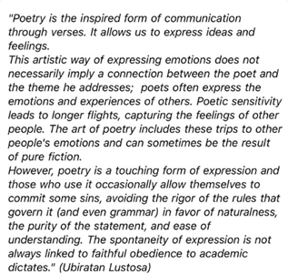 LigiaRLValle's tweet photo. What the poet said about poetry!

Para honrar a memória de meu pai, estou transformando suas poesias em NFTs. Posto aqui um texto que está na introdução do seu livro “Trilogia do amor no parque”, onde dá sua visão do que é poesia.😍💖 https://t.co/BAWMHE0C6o