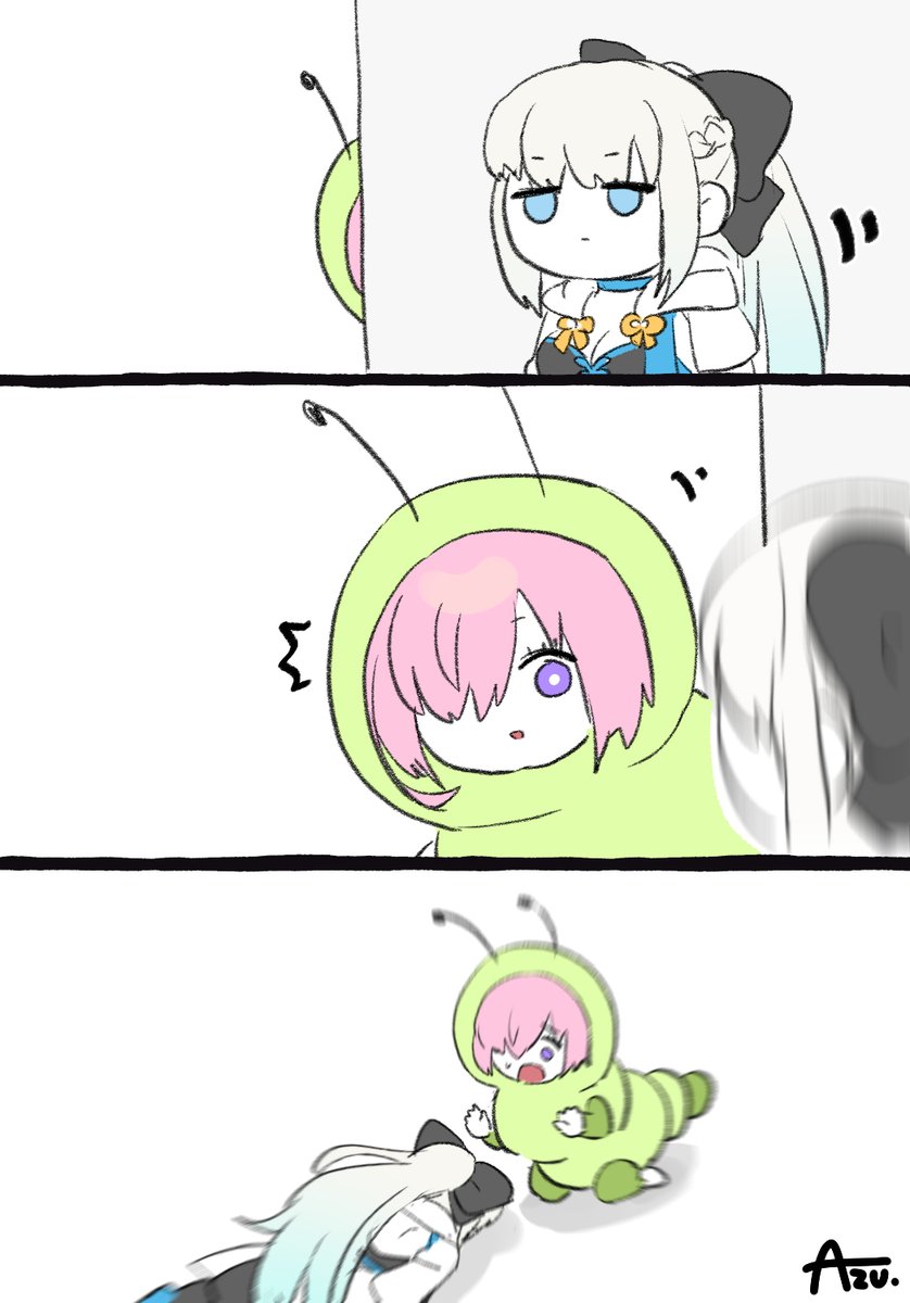 > いもむし(の霊衣を着た)マシュの襲来でぶっ倒れるモルガンさん…。  🐛🐛🐛 #odaibako_a_ktv0z 