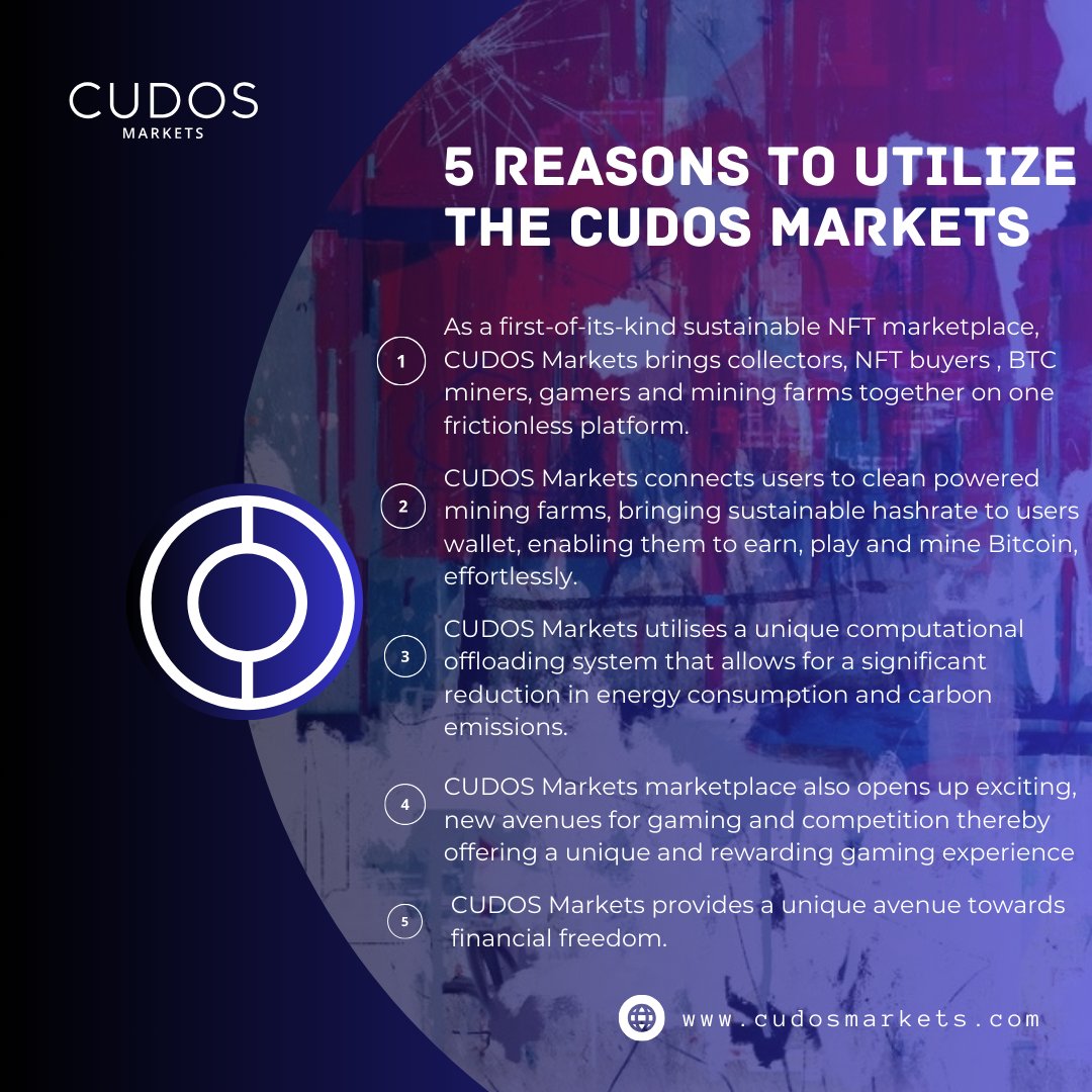 Lemaronskin's tweet photo. Calling all #NFT collectors and crypto enthusiast!
If you're pondering on genuine reason to utilize the @CudosMarkets then the infographic below 👇 is your best answer.
Take a view to know more about the #CudosMarkets.
🔗 https://t.co/mB2scfynyN
#CUDOS #Hashrates https://t.co/IZWPmCnFk3