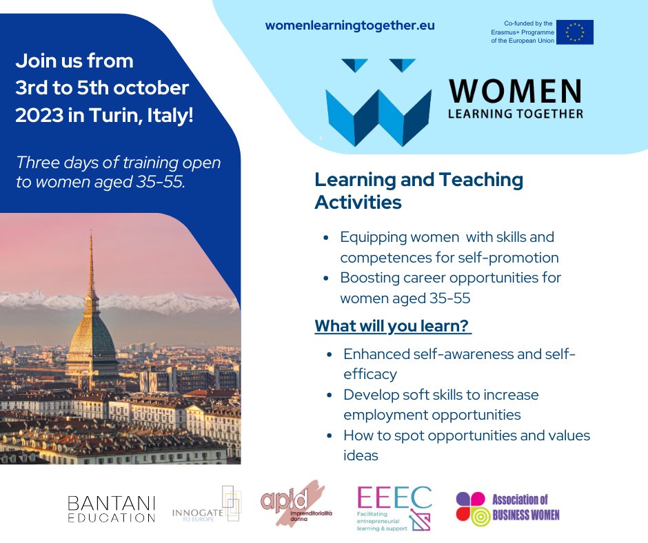 ApidTorino's tweet photo. 5 posti ancora disponibili per 5 donne tra i 35 e i 55 anni per il il workshop europeo #WLT, le cui spese saranno interamente coperte dal fondo progettuale Erasmus+. 
Vuoi partecipare?
🔍 https://t.co/foUJFRiyoX
🖊️https://t.co/jTAdynD2Lr 
Contattaci su info@apid.to.it
#apiDonna https://t.co/sh9PdgcBNC