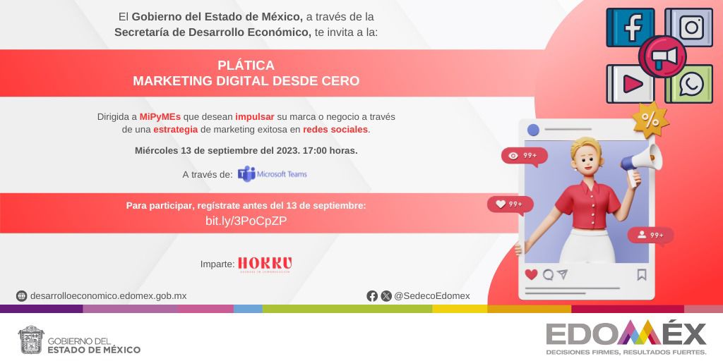 SSDM_Edomex's tweet photo. 🌟 ¡Posiciona tu #MiPyME en redes sociales! En la plática “Marketing digital desde cero”, aprenderás a generar una estrategia exitosa para dar a conocer tu marca o negocio en las plataformas digitales.
Regístrate en: https://t.co/oBol7eqXhz
@SedecoEdomex
#DGComercio https://t.co/MkbQztSHtd