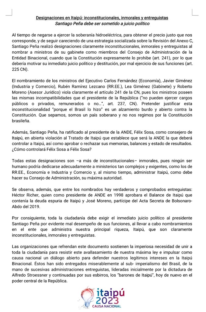 Designaciones en Itaipú: inconstitucionales, inmorales y entreguistas
Santiago Peña debe ser sometido a juicio político