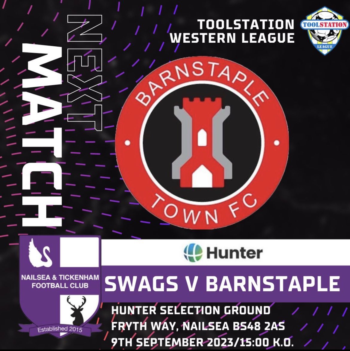 Join us in Nailsea for some more @TSWesternLeague Premier League Football this Saturday! 💜

<a href="/Official_BTFC/">Barnstaple Town Football Club</a> visit the <a href="/HunterSelection/">Hunter Selection | B Corp™</a> Ground, 3PM KO!

#Swags
<a href="/swsportsnews/">South West Sports News</a>