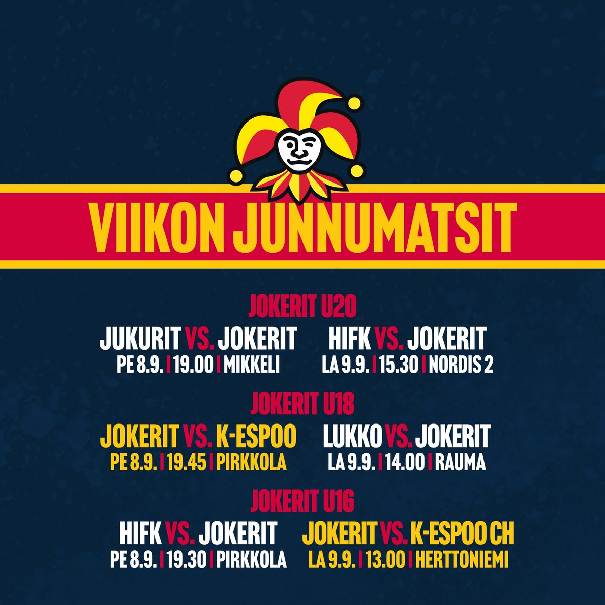 Perjantaina ja lauantaina isoja pelejä vanhimmilla ikäluokilla. Halleilla nähdään💪🔴🟡