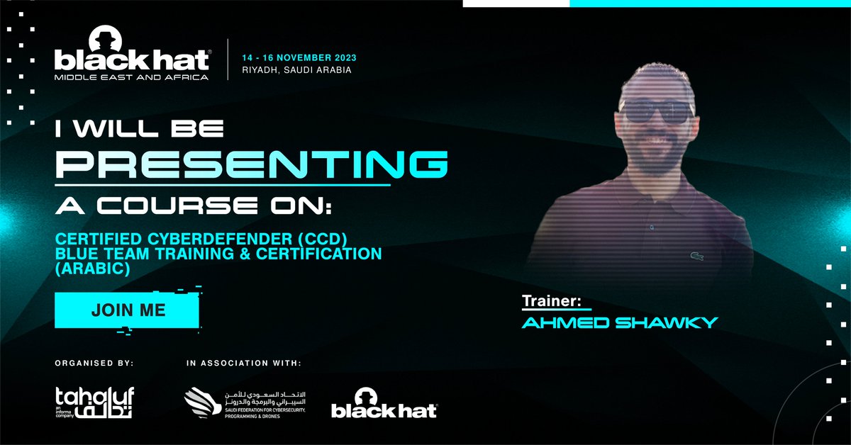 After last year's success of delivering #CertifiedCyberDefender 🔥, aka #CCD (one of the few real-world #BlueTeam training for SOC analysts, DFIR,  Threat hunters, and blue teamers), in <a href="/Blackhatmea/">Black Hat MEA</a>.

I am excited to announce that the rest of the <a href="/CyberDefenders/">CyberDefenders®™</a> team and I will