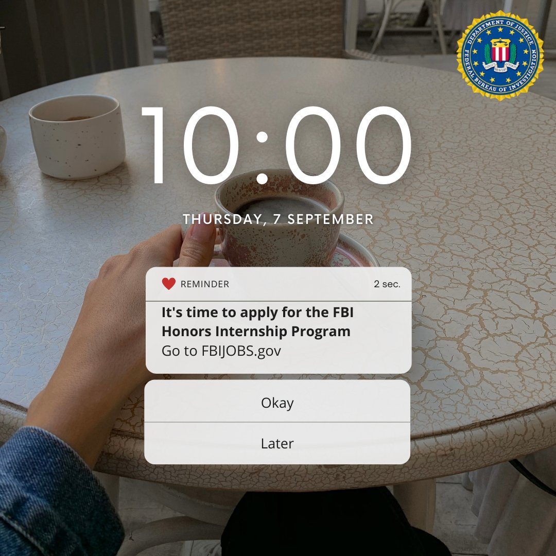 FBIElPaso's tweet photo. Calling all #college students! The application for the FBI Honors Internship Program was posted today. Visit https://t.co/Nfa82OUSEw  to apply. The last day to apply is September 20th, at 11:59 PM EST.  #FBIinternship #FBI #internshipprogram #applynow #internshipdeadline 📚 https://t.co/TtmvQO9KqS