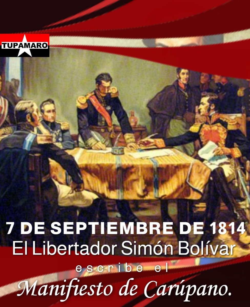 Conmemoramos 209 años de “El Manifiesto de Carúpano”. Documento en el que nuestro Libertador Simón Bolívar, describió el profundo sentimiento de igualdad, justicia y amor patrio que debía regir el accionar del pueblo venezolano. 
#PuebloMásMaduro
<a href="/NicolasMaduro/">Nicolás Maduro</a>