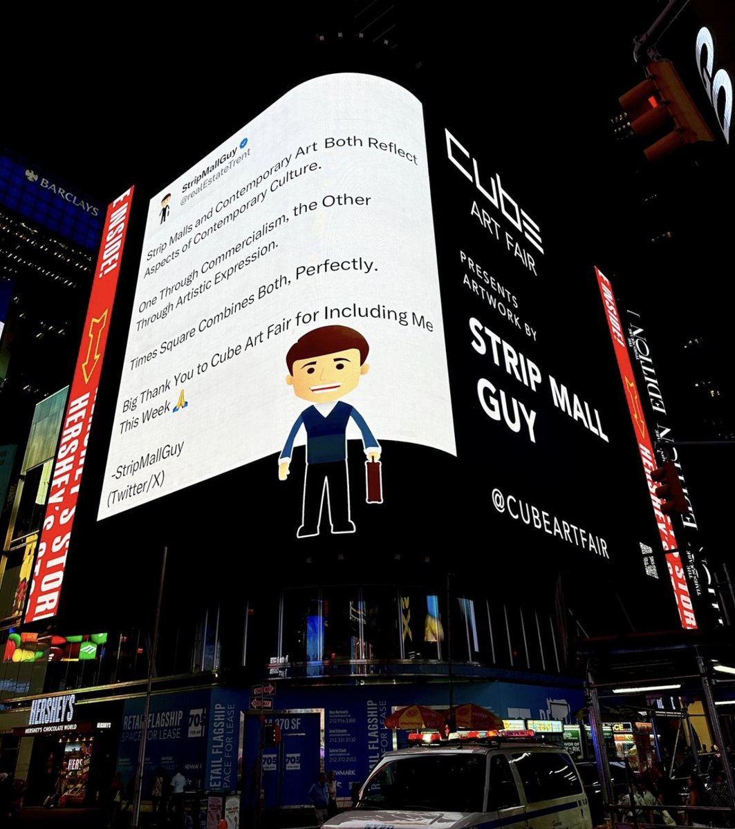 Hello Times Square!!

Turns out tweets are a form of art!

BIG thank you to <a href="/cubeartfair/">Cube Art Fair</a> for featuring me this week alongside so many talented artists 🙏

Appearing every hour at the 12 minute mark through Sunday night!

Who's behind this?

<a href="/PaulFromEurope/">PaulFromEurope</a>, of course 🔥🙌