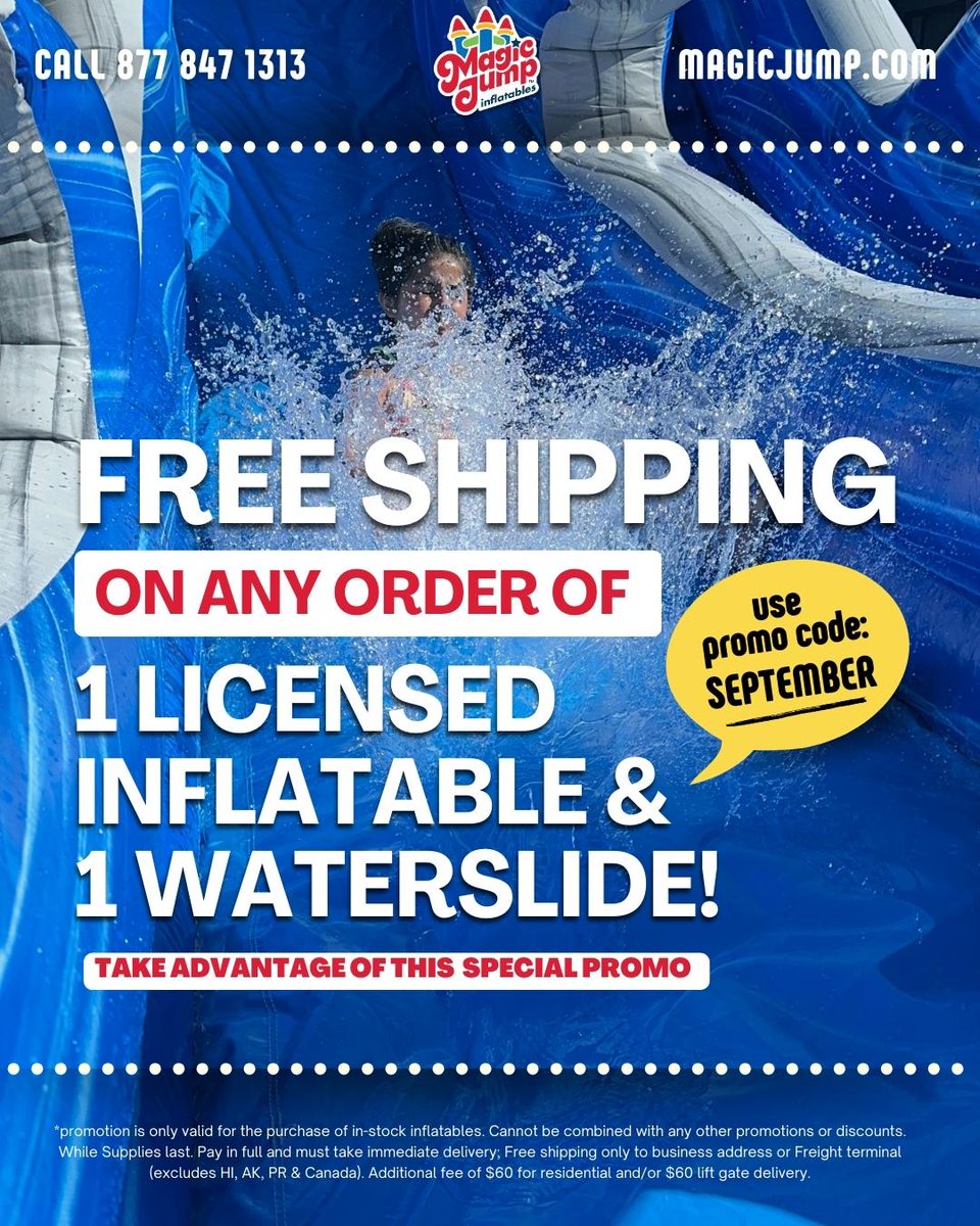 MagicJump's tweet image. Free Shipping when you order at least 1 licensed inflatable and 1 waterslide!
While Supplies Last!