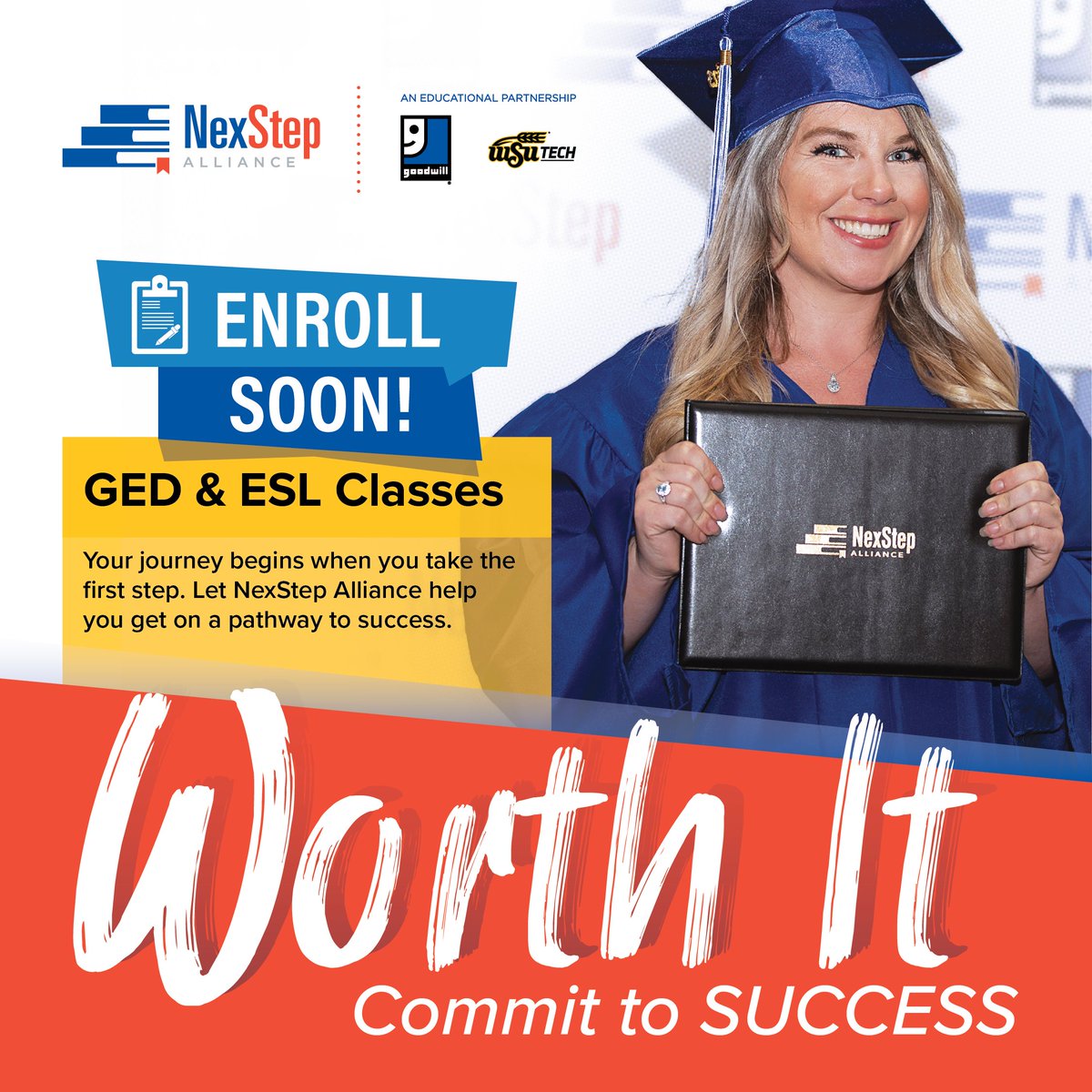 Ready to take that next step? Our next open enrollment for High School Diploma and ESL students begins Monday, September 25th from 8:30 - 6:00 p.m.!🎒✏️ #WorthIt

📍Located at our Main Campus: 3351 N Webb Road
Visit our website for more information: nexstepalliance.org/enrollment