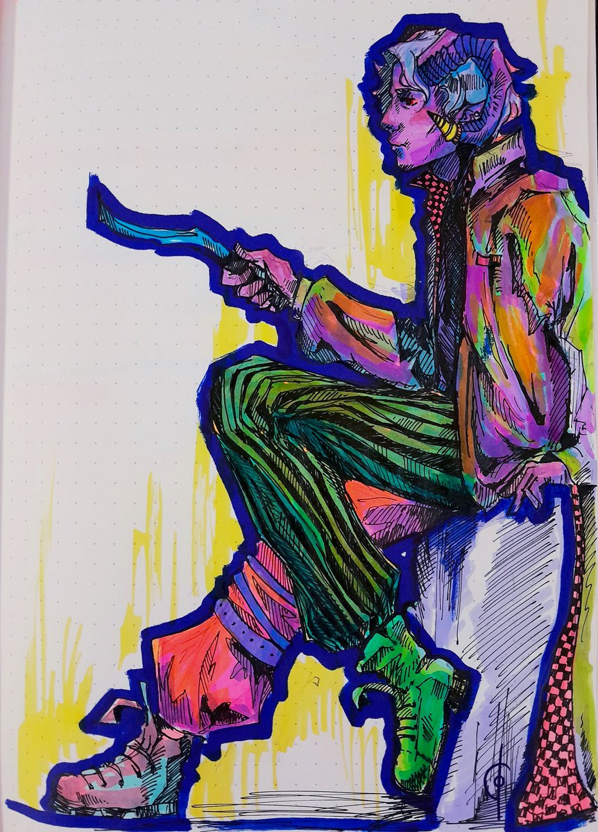 Colett95's tweet photo. When I am left unsupervised with highlighters and markers no1.: Molly (in casual wear). 🤫

#CriticalRole #criticalrolefanart #mollymauk #tealeaf #mightynein #circusman #lucien #highlighters #traditionalart https://t.co/z4ItKkjt2Z