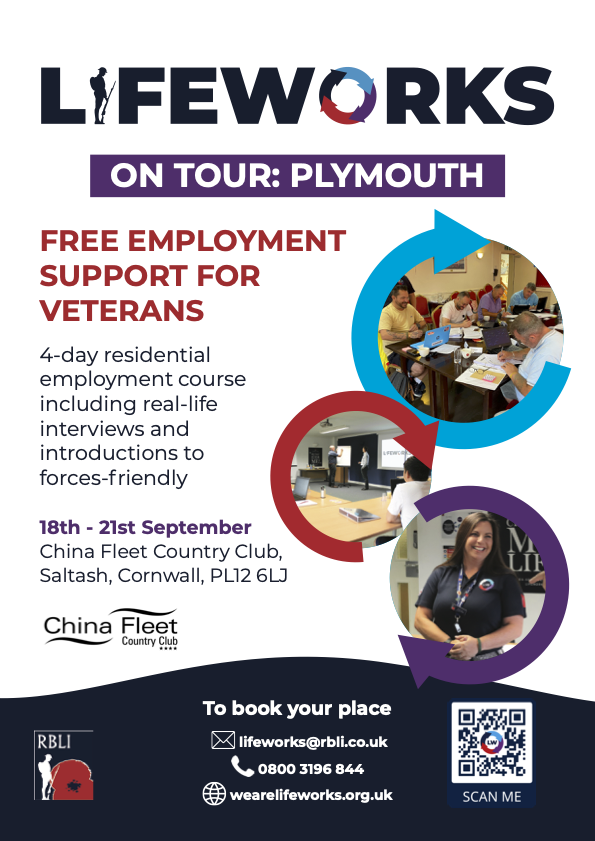 FREE Employment Support for #Veterans Employment course in Plymouth provided by LifeWorks A 4-day residential employment course including real-life interviews and introductions to employers Book now: Email lifeworks@rbli.co.uk Phone 0800 3196844 #frontfootjobs #lifeworks