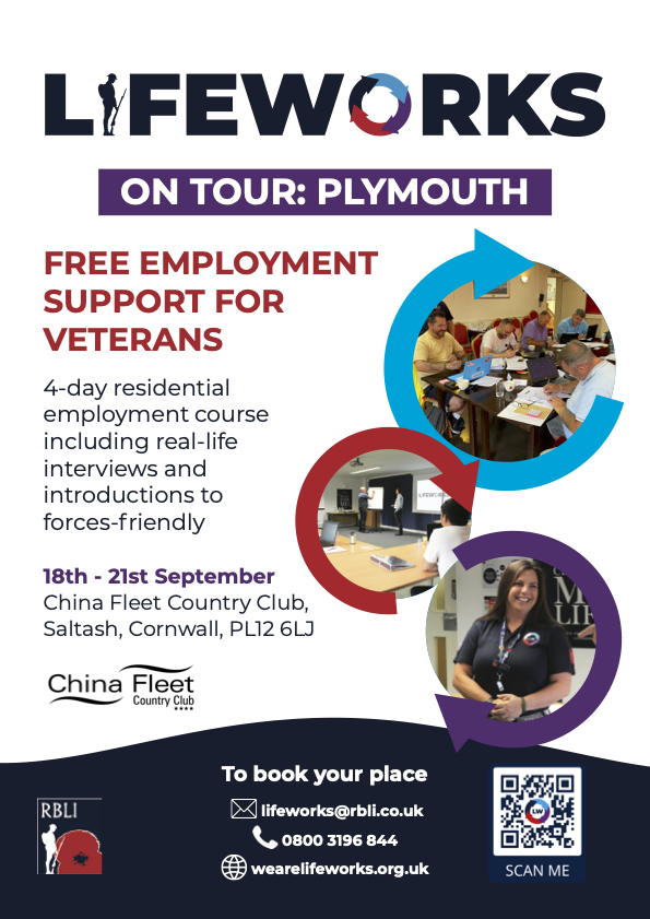 FrontFootJobs's tweet photo. FREE Employment Support for #Veterans
Employment course in Plymouth provided by LifeWorks 

A 4-day residential employment course including real-life interviews and introductions to employers

Book now:
Email lifeworks@rbli.co.uk
Phone 0800 3196844

#frontfootjobs #lifeworks https://t.co/G5CAverkTt