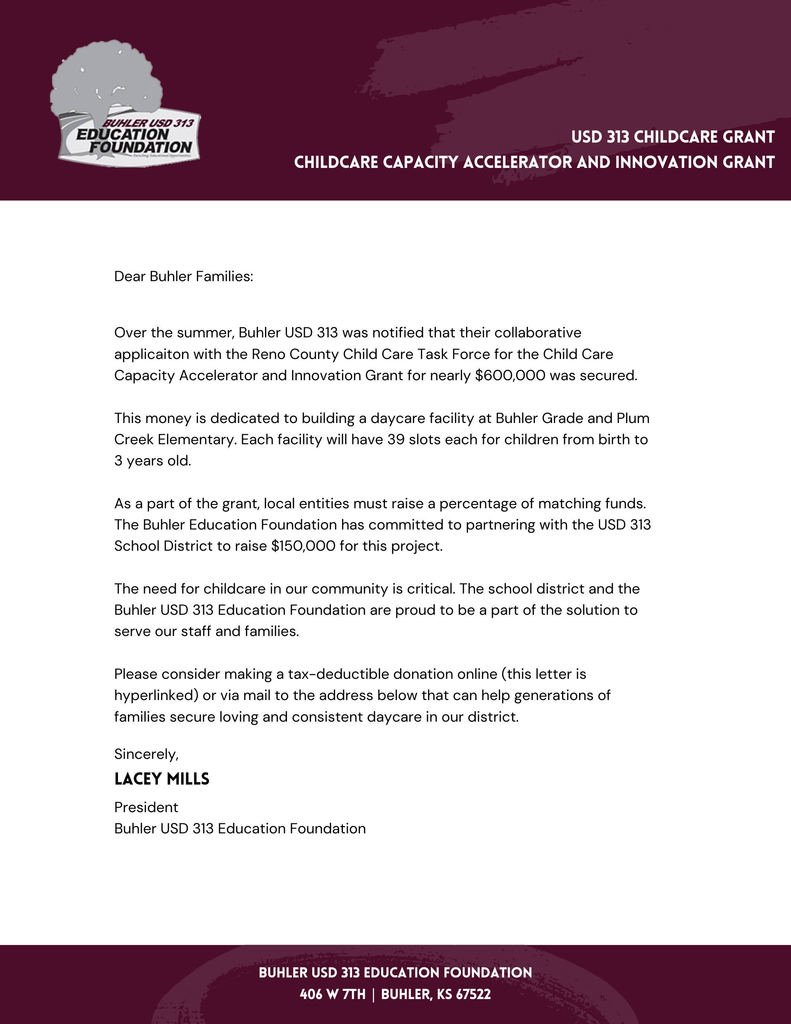 The Buhler Education Foundation is raising matching grant funds for USD 313 child care centers. 

Read their letter here: 5il.co/213n6 

Make a donation here: interland3.donorperfect.net/weblink/weblin…