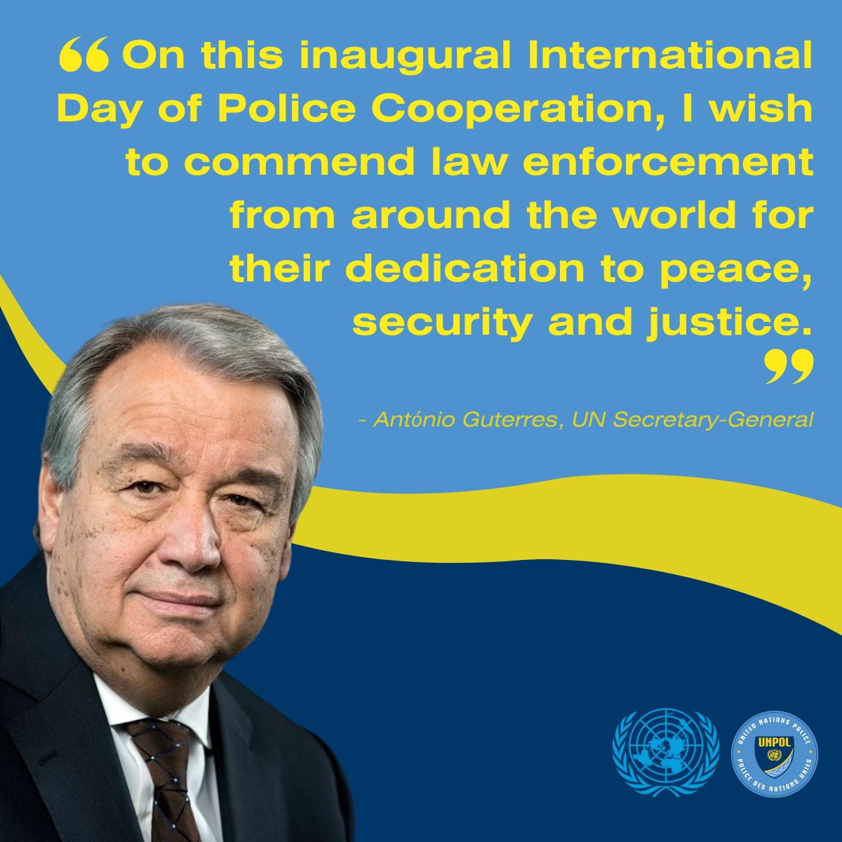 🚓Today marks the first-ever International Day of Police Cooperation! 🤝 #PoliceDay Kudos to the dedicated law enforcement officers worldwide who tirelessly work towards a safer, more just world with Secretary-General @antonioguterres Your efforts don't go unnoticed! 💪 #PK75
