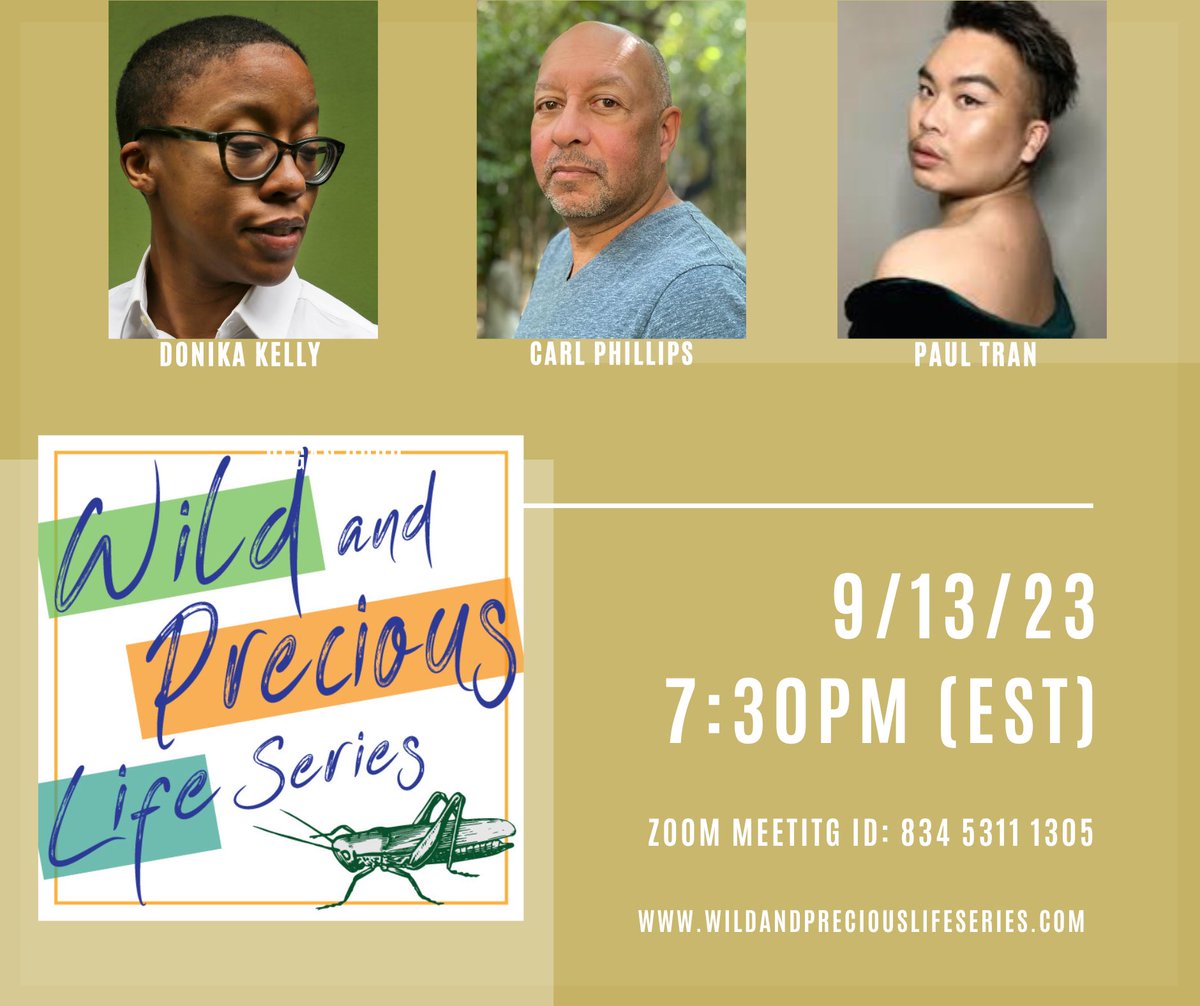 Join the WPLS on 9/13 at 7:30pm (EST) to hear @officialdonika, @speakdeadly, & @CPhillipsPoet. #poets #poetry #poetrylovers