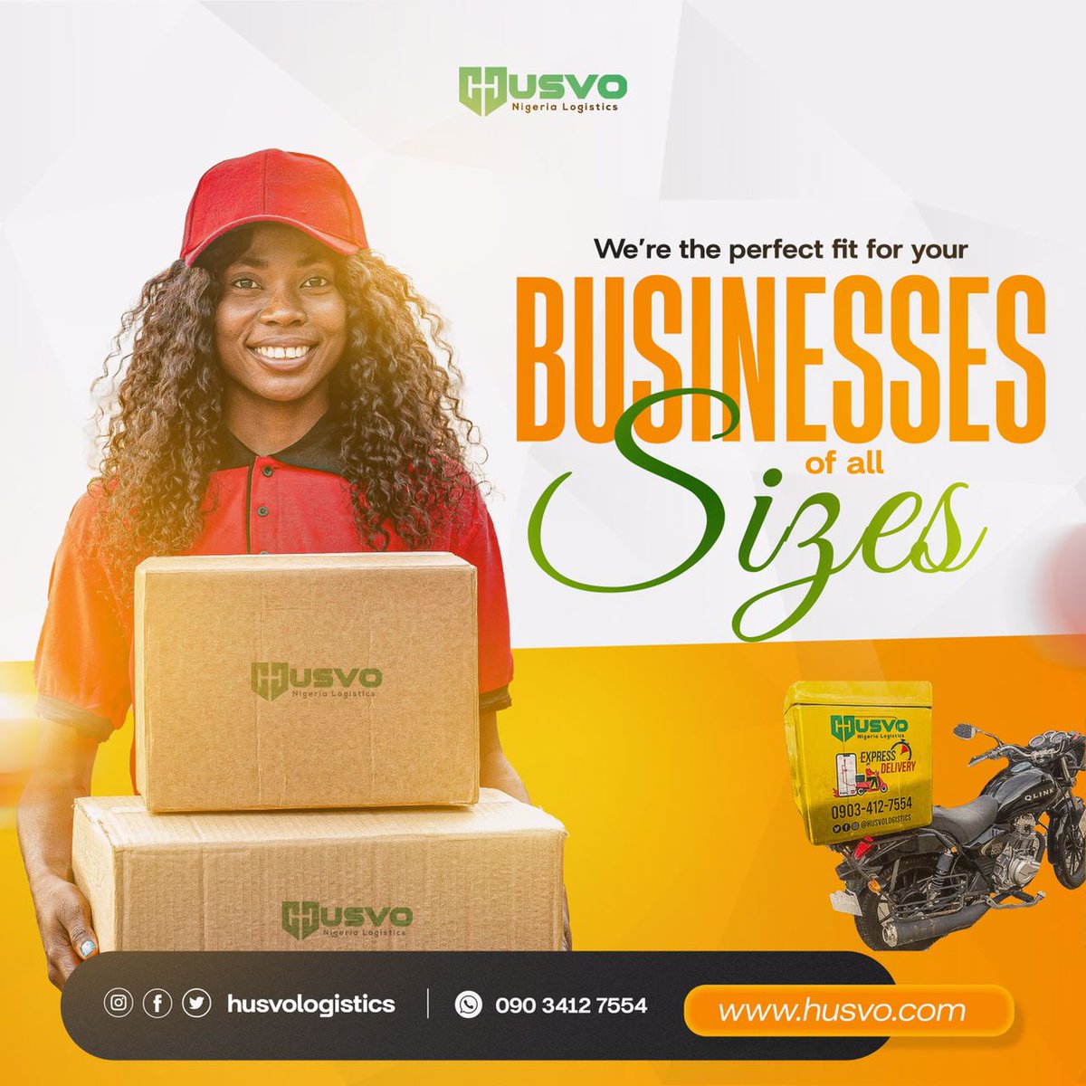husvologistics's tweet photo. We're a perfect match for businesses, no matter their size. Let's help you thrive!

📞 0903 412 7554

-----
Arise TV | Nov and Dec | No Evidence | Electoral Act | Yorubas | https://t.co/Z0wFolqUc7