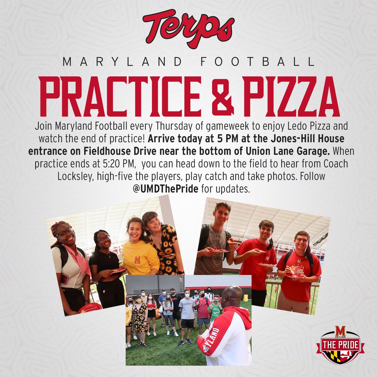 STUDENTS! 🏈🍕 Join us for Practice & Pizza tonight. Arrive at 5 PM. Enter to win field level passes for Saturday’s game!