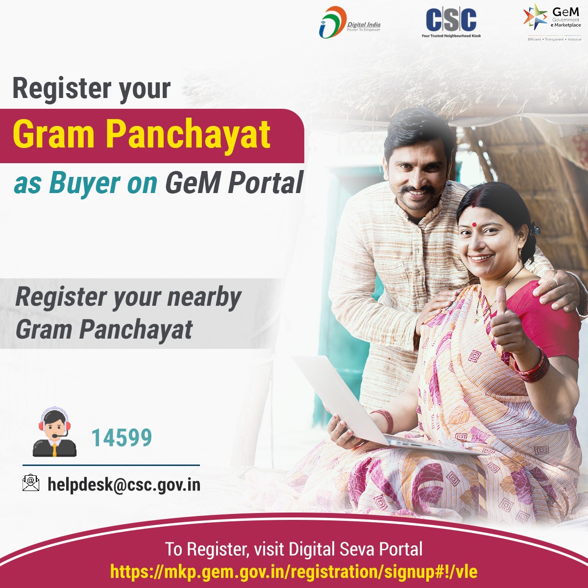 CSCegov_'s tweet photo. Register your Gram Panchayat as a Buyer on the #GeM Portal..

To Register, visit Digital Seva Portal: https://t.co/70C1fMNOKE

For any queries, call 14599 or write to helpdesk@csc.gov.in

#CSC #DigitalIndia #GramPanchayat #GeMPortal #CSCSkills #DigitalSevaPortal #RuralEmpowerment https://t.co/70X3FSvLGf