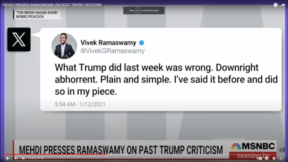 TimGluckman's tweet image. 1365/x @MSNBCMorningJoe today reprised @MehdiHasanShow's sharp interview (9.2023) w/ #vivekramasamy. MH asks him #3x what in #Trump's behavior he found "#downright #abhorrent" (see TW on screen f/ 1/12/2021). VR tries to confuse then blusters (At 15.25) youtube.com/watch?v=gwuz_T…