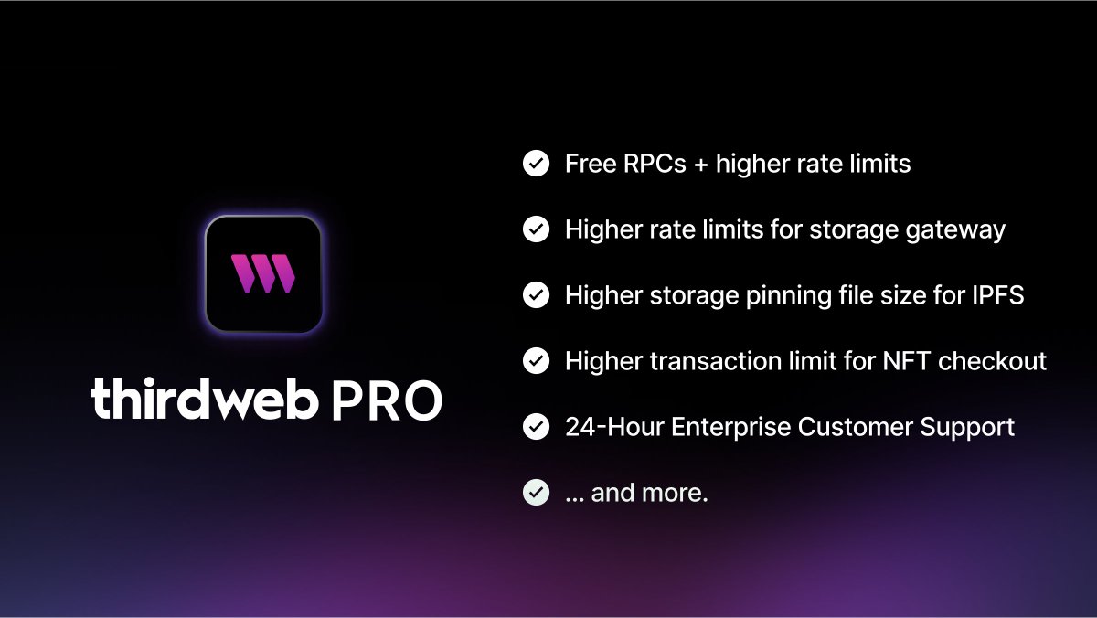 🎉 LAUNCH 🎉

Introducing thirdweb Pro.

Scale your Web3 app to millions of users, efficiently.

→ Free RPCs &amp; Storage Gateway + Pinning
→ World-Class Customer Support (24/7)
→ Low-cost wallets, payments &amp; storage from one provider

Everything you need to know. 👇 🧵