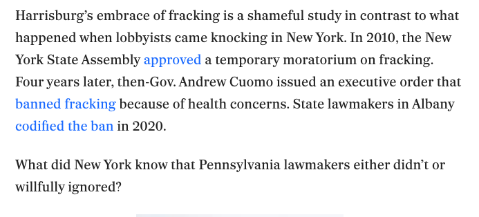 Huge <a href="/PhillyInquirer/">The Philadelphia Inquirer</a> editorial – #Fracking is making Pennsylvanians sick, and it's time for <a href="/GovernorShapiro/">Governor Josh Shapiro</a> and lawmakers to act. 

Particularly love this shout out to the NY fracking ban at the end! 

inquirer.com/opinion/editor…
