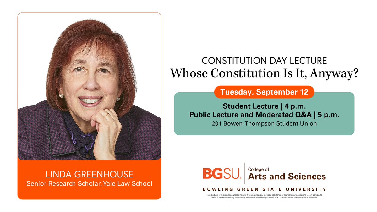Whose Constitution Is It, Anyway? A #ConstitutionDay lecture and Q&amp;A with Linda Greenhouse on Tues, Sept 12 at 5PM in 210 BTSU. Greenhouse is a senior research scholar at Yale Law School, and for 30 years, was the Supreme Court correspondent for The New York Times. #bgsu