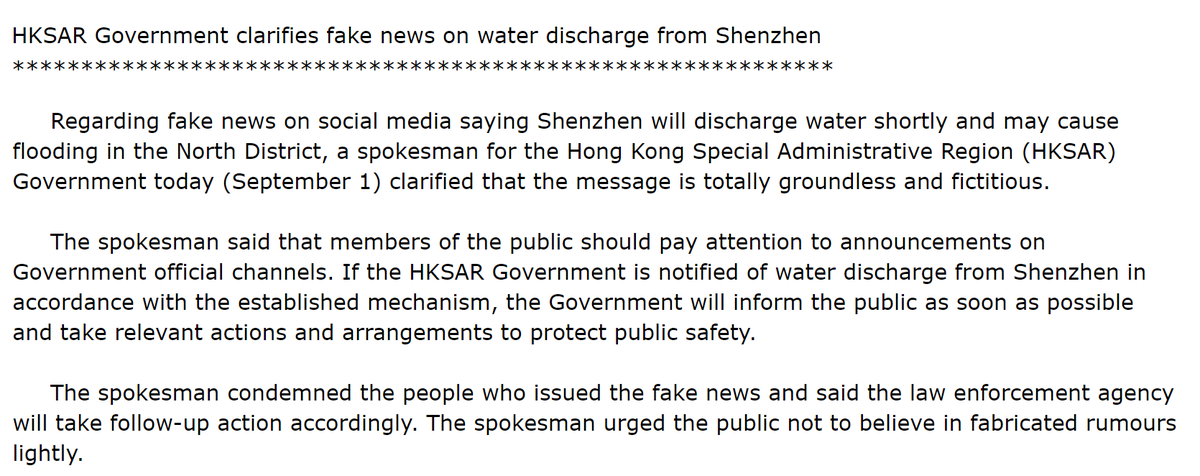 This comes one week after the Hong Kong government issued a notice about 'fake news' that Shenzhen would discharge water during Typhoon Saola. At the time they 'condemned the people who issued the fake news'. Hong Kong was given 16 minutes notice about the current discharge.