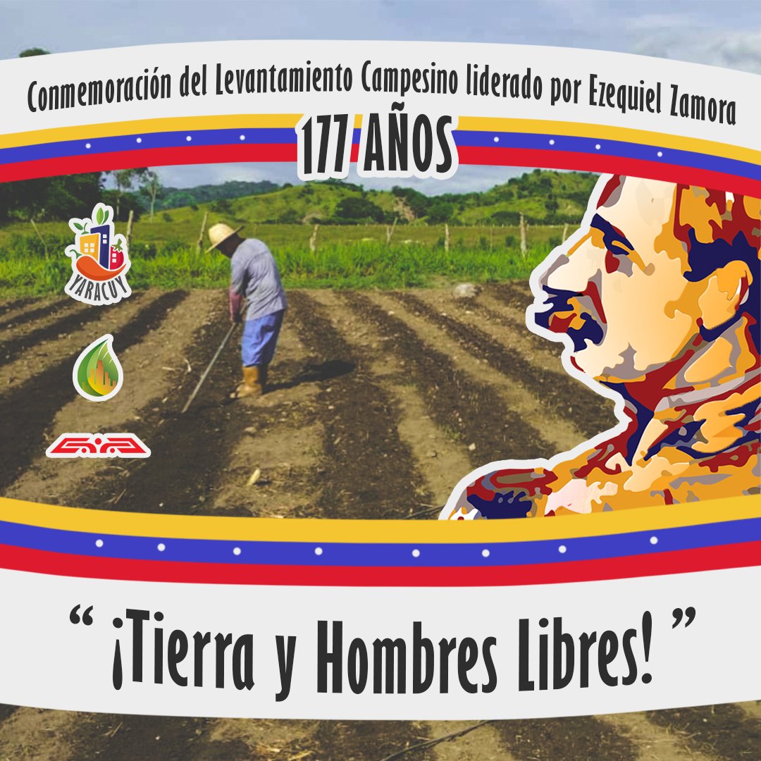 '¡Tierra y hombres libres!' Fue la consigna que quedó para la historia de nuestros campesinos y campesinas liderados por Ezequiel Zamora hace 177 años. ¡Hoy tenemos tierras libres para nuestros productores y productoras!

#MaduroMásPueblo