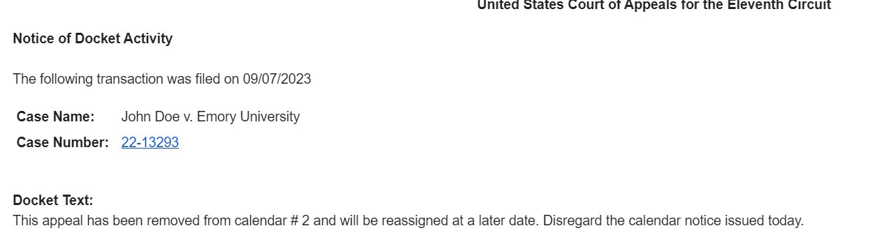 KC Johnson on X: "CA11 removes the Emory appeal from the calendar (had been  assigned to week of Nov. 13). https://t.co/FPXTR8kf7n" / X