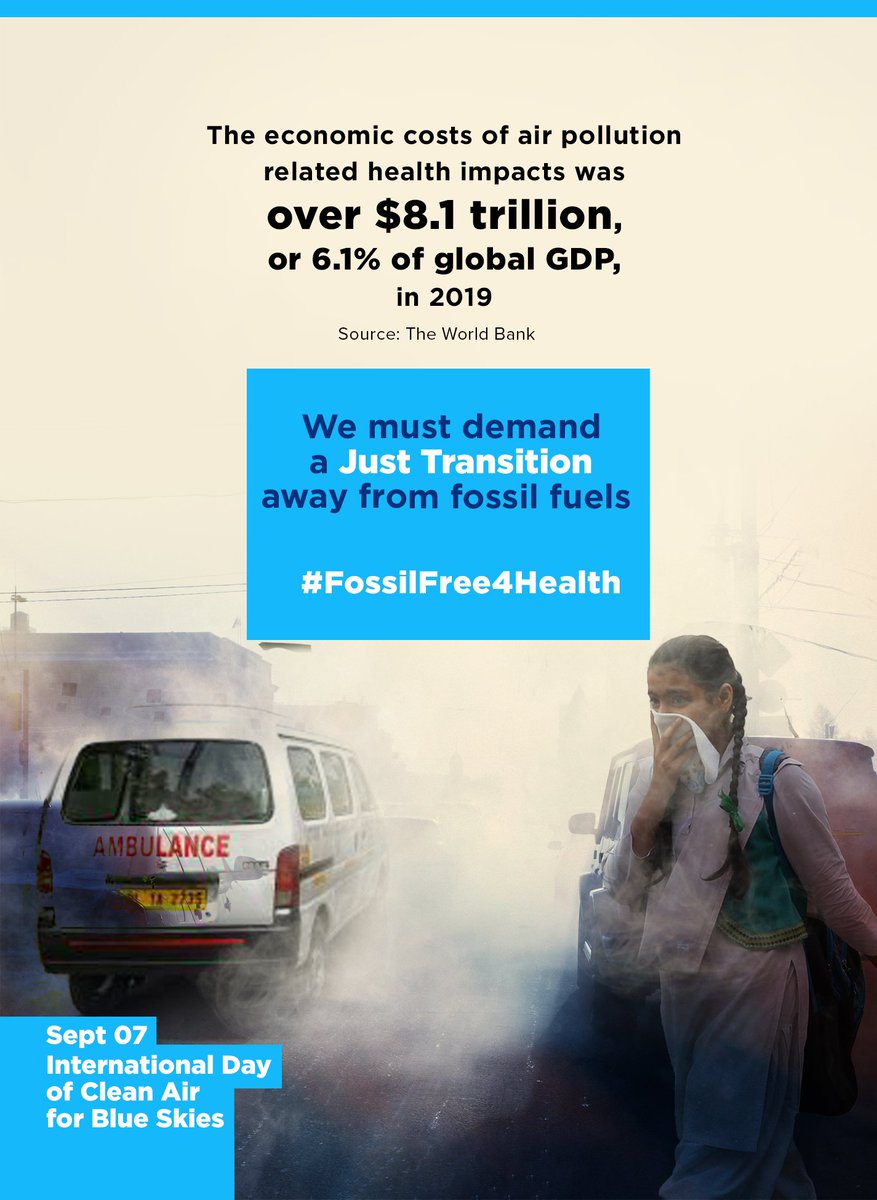 The costs of air pollution are staggering -from health risks to economic burdens -amounting to over $8.1 trillion or 6.1% of global GDP. It's time to break free from fossil fuels and invest in clean air solutions for a healthier population and a stronger economy.#CleanAirDay2023