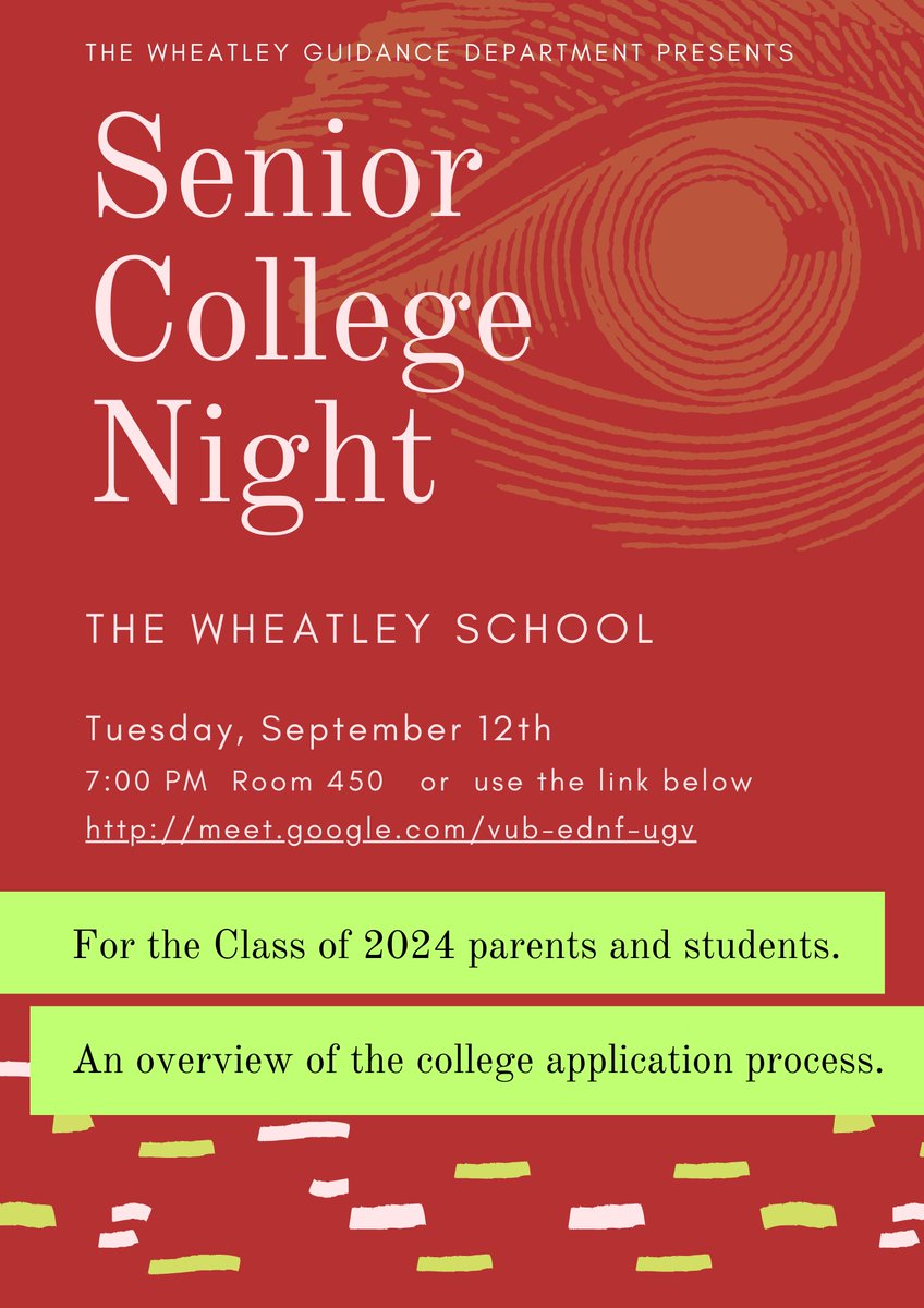 ATT: Class of 2024 Students and Parents! Tues. night meet us at Wheatley, learn about the college application process. We'll be here to answer all you questions and concerns. If you are unable to attend in person you can use the link below. #ewlearns <a href="/WheatleySchool/">The Wheatley School</a> <a href="/WheatleyPTO/">The Wheatley PTO</a>