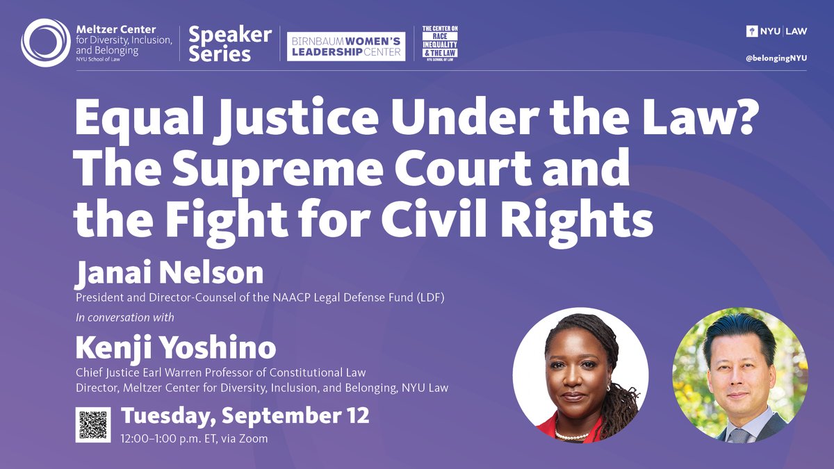 Register to attend "Equal Justice Under the Law? The Supreme Court and the Fight for Civil Rights," the first iteration of the <a href="/BelongingNYU/">Meltzer Center for Diversity Inclusion & Belonging</a> speaker series this semester. ow.ly/AKuW50PITVm