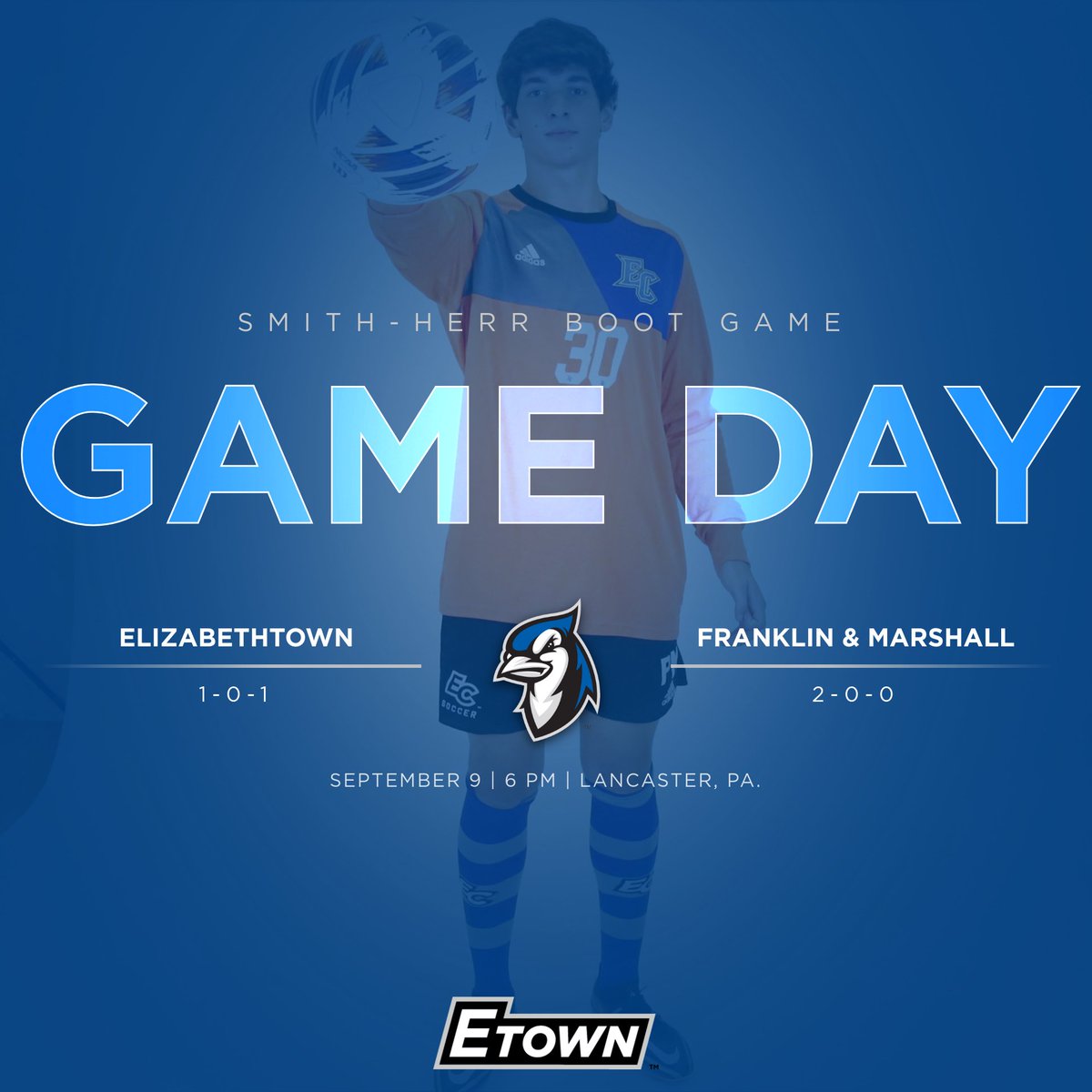 It's <a href="/BlueJaysMSOC/">E-town Men's Soccer</a> GAME DAY for the boot! It's the Smith-Herr Boot Game tonight at 6pm over at Tylus Field in Lancaster, Pa. Let's go, Jays! #FlyWithUs