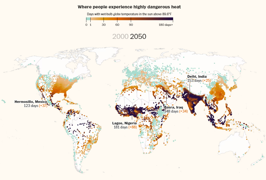 ianbremmer's tweet photo. mapping the # of days people will experience highly dangerous heat by 2050,

in case you're wondering where you don't want your kids to live. https://t.co/DFA1GNAsn6