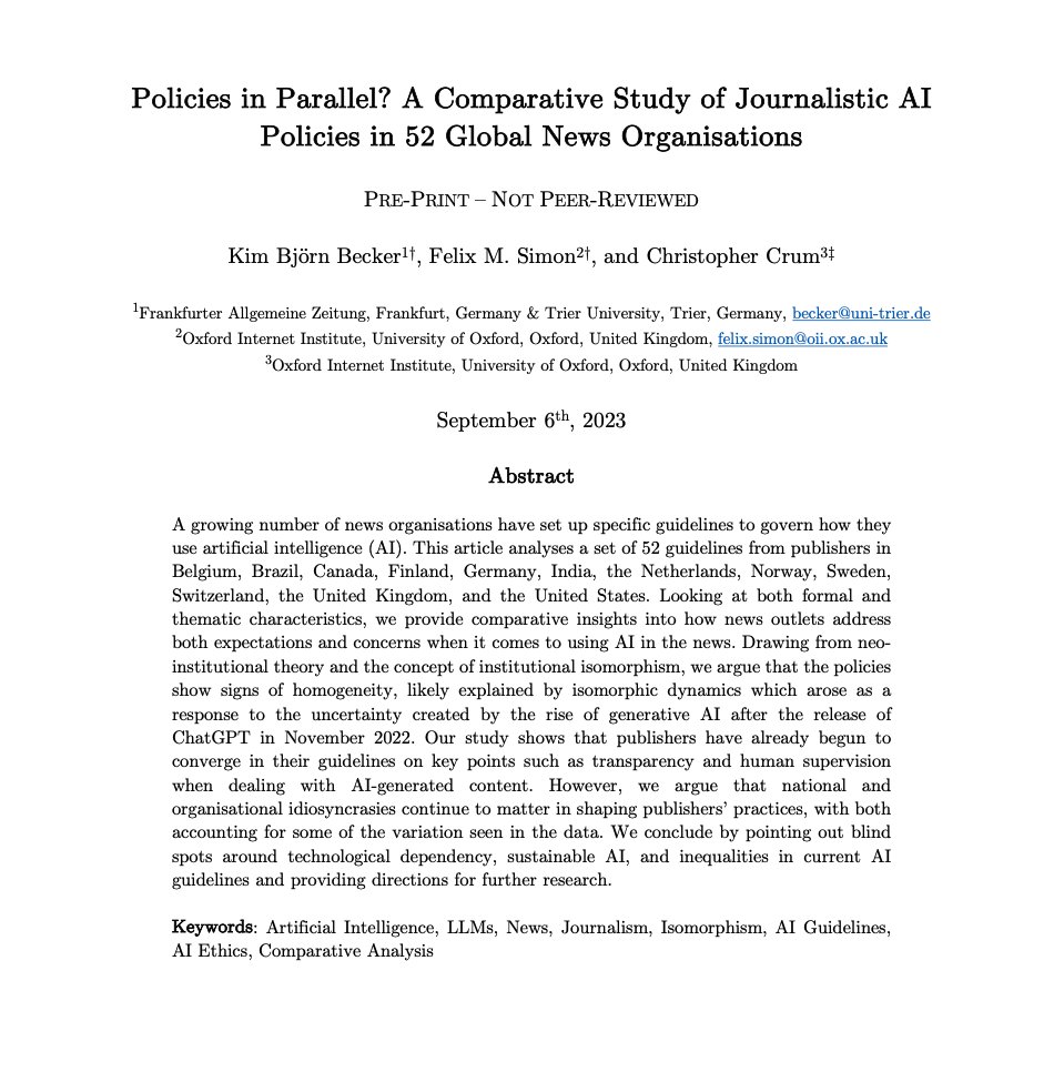 🚨New working paper on AI guidelines in news 📝🤖 1) Do they resemble each other? 2) Where do they differ? 3) What are blind spots? We analysed 52 journalistic AI guidelines from 12 countries to find out. 🔗Preprint: osf.io/preprints/soca… 🧵⬇️