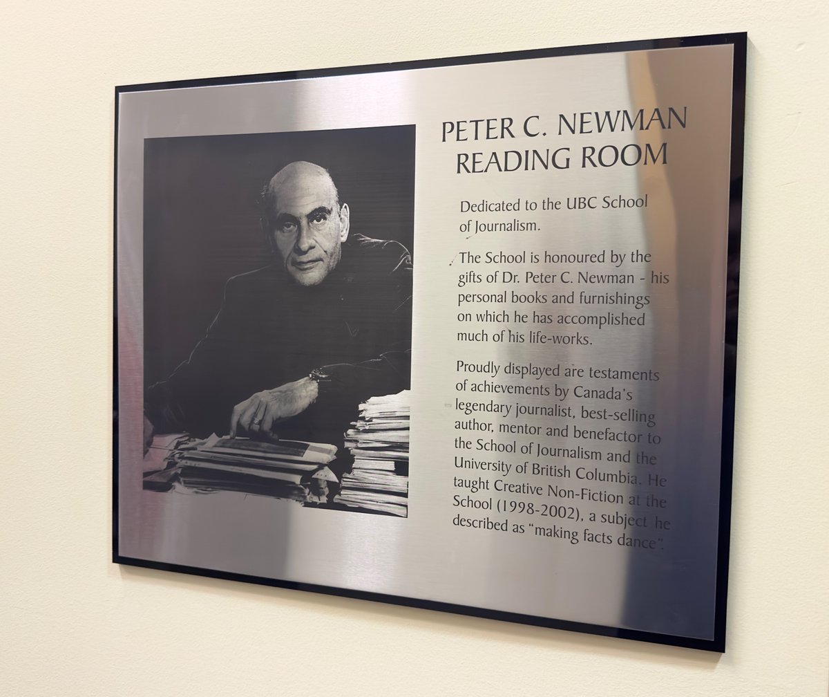 Saddened to hear of the passing of journalist and author Peter C. Newman, and thankful for his support in the early days of @UBCJournalism. The reading room in his name at the school offers a place for study and reflection for #UBC students.