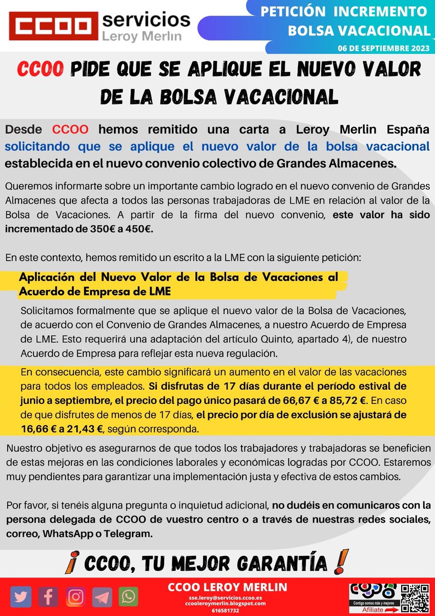 CCOOLeroy's tweet photo. 📌 CCOO INFORMA 📣

Nota Informativa  sobre la petición realizada por CCOO la Dirección  de LME para que se aplique el nuevo valor de la Bolsa Vacacional para 2023.

Cualquier duda no dudes en preguntar a la persona delegada de CCOO de tu centro o  través de los canales digitales https://t.co/FNjZNVMHMM