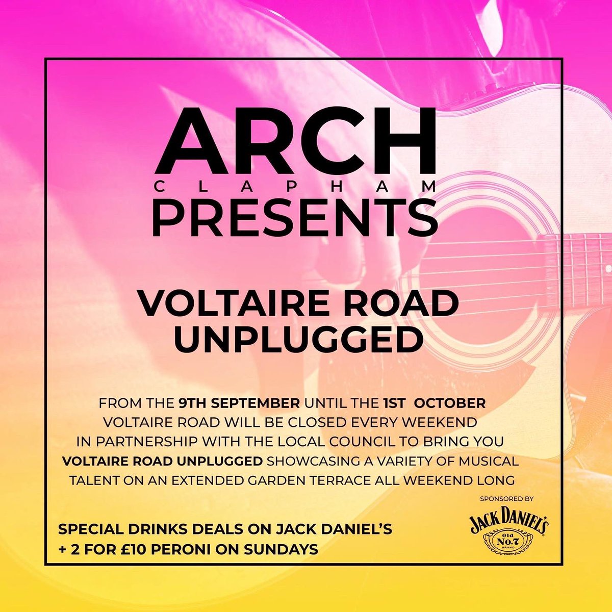 ☀️ September Sun ☀️ We have extended our terrace right onto Voltaire Road for every weekend in September. Head down to enjoy a drink with friends while listening to stunning acoustic artists in our brand new spacious Al Fresco area. #thisisclapham #ArchClapham #clapham