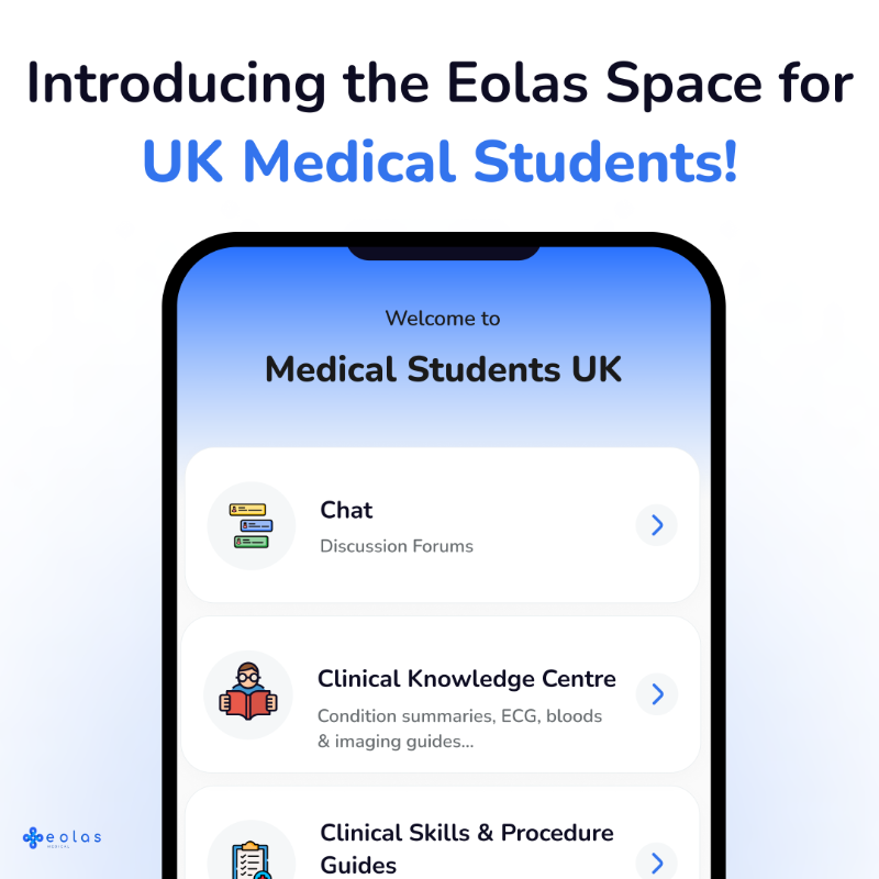 EolasMedical's tweet photo. 🩺 Calling all #MedStudents! 

Launching the ultimate study companion - Medical Students UK Eolas Space.

📚 Access OSCE &amp; revision materials.
🚀 Navigate your medical career with advice.
💬 Connect with peers for insights &amp; discussion.
💸 Wellbeing resources, and financial help.